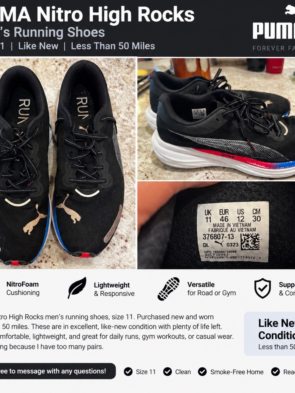Puma Men’s Black Running Shoes with Red & Blue Accents